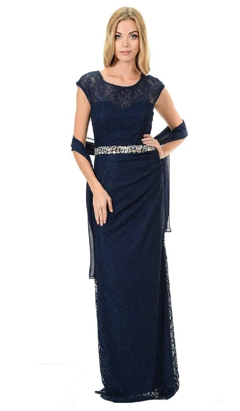 Lenovia - 5157 Cap Sleeve Draped Lace Long Sheath Dress