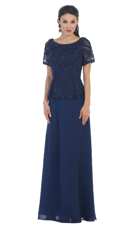 May Queen - MQ-1427 Short Sleeve Embroidered Bateau Neck A-line Evening Dress