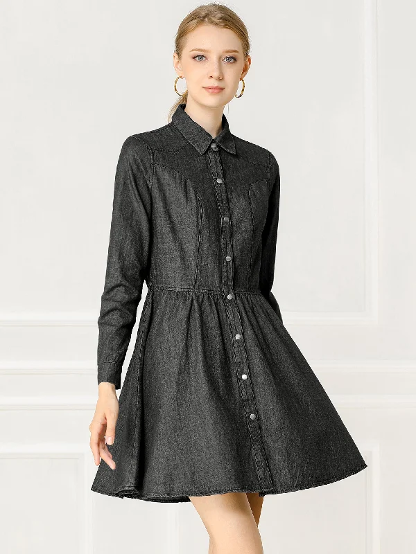 Denim Button Down Belted Pleated Flare A-line Shirt Dress