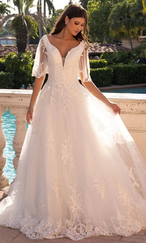 Primavera Bridal 11134 - Plunging Neck Flutter Sleeve Bridal Dress