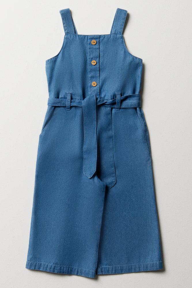 Belted Strappy Denim Jumpsuit Blue