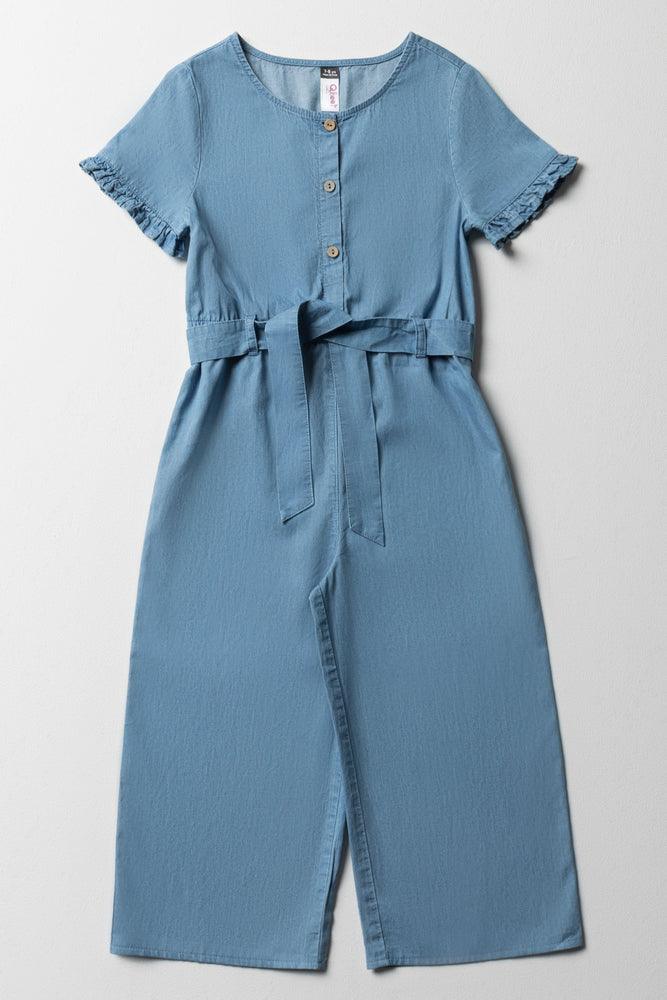 Denim Belted Jumpsuit With Frill Sleeves Blue